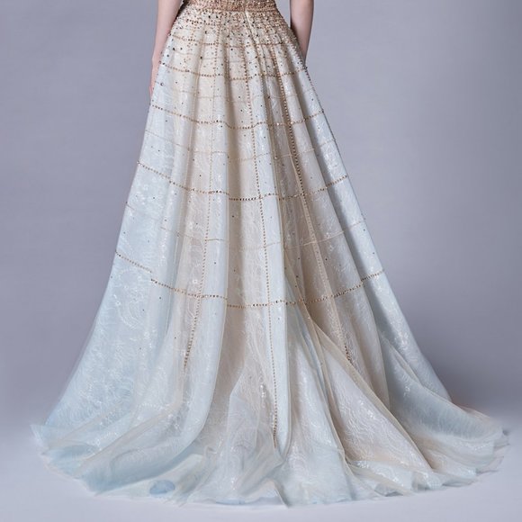 NEW CHAMPAGNE/BLUE PARTY EVENING OFF THE SHOULDER MODERN BEADED BALLGOWN AL0724 - Picture 5 of 13